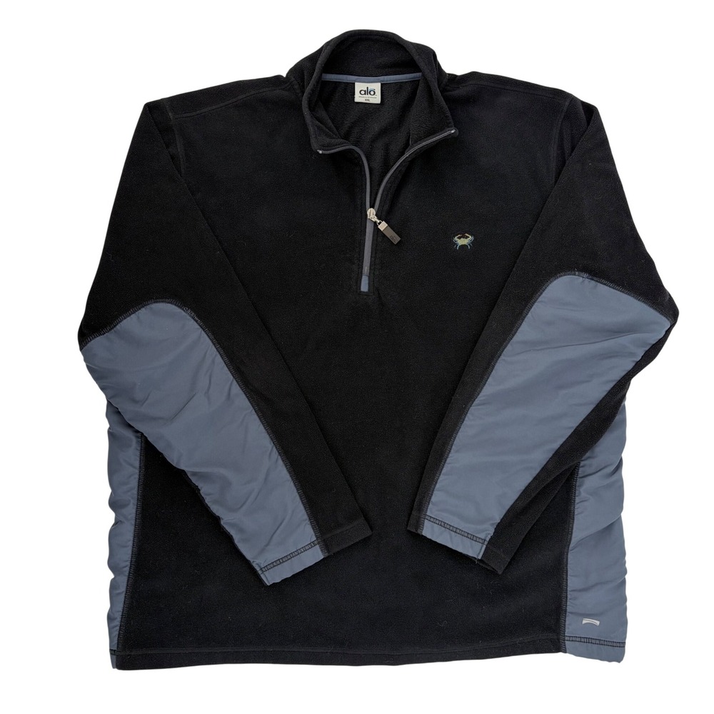 Alo Fleece Pullover Quarter Zip Black Grey Crab Logo Gorpcore XXL Hiking Coastal